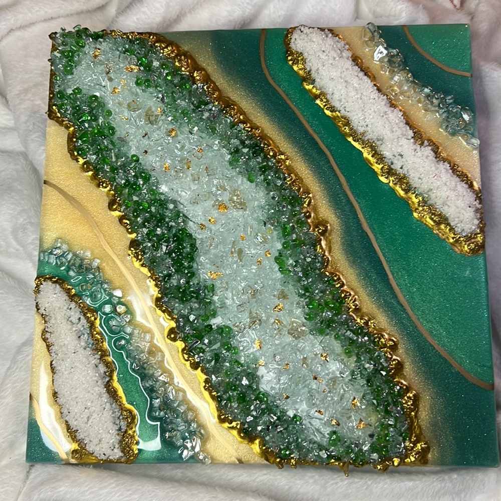 Emerald Green and Gold Resin Geode